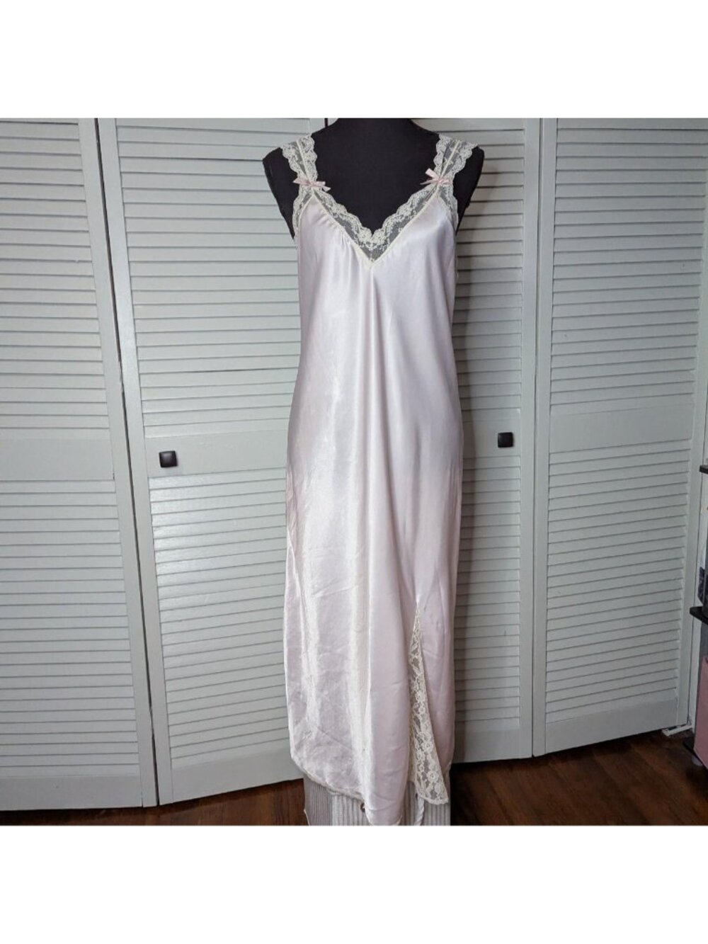 Vintage Baby Pink lace satin slip dress with bows